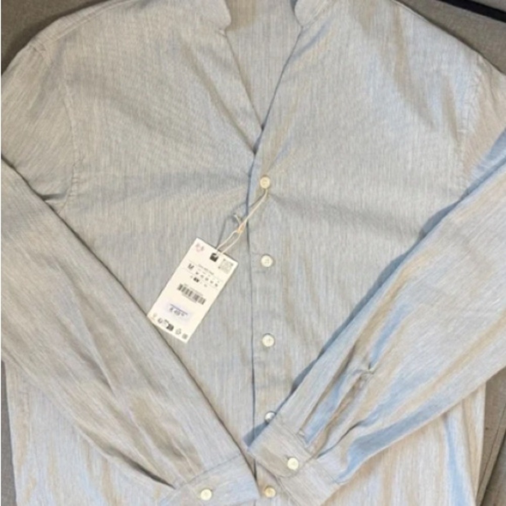 Zara Men's Light Blue Striped Button-Down Shirt
